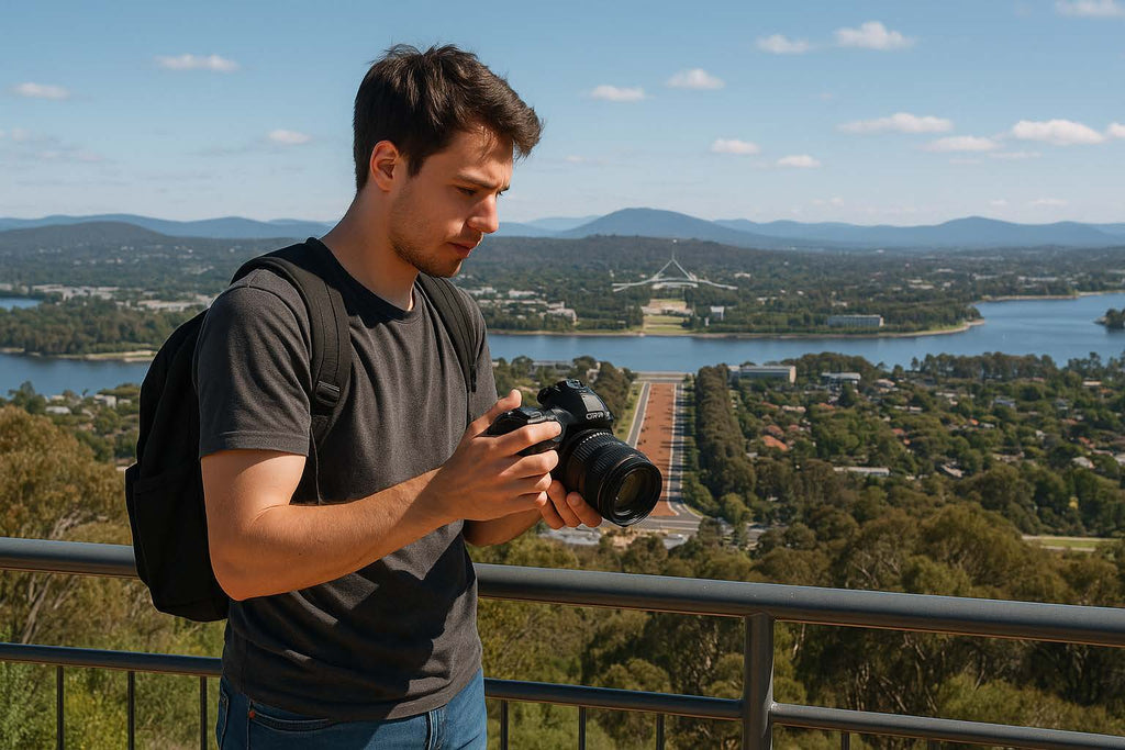 Beginner photographer holding a DSLR camera at a scenic overlook in Canberra