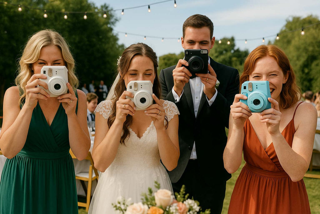  Guests using instant cameras at a wedding reception in Perth.