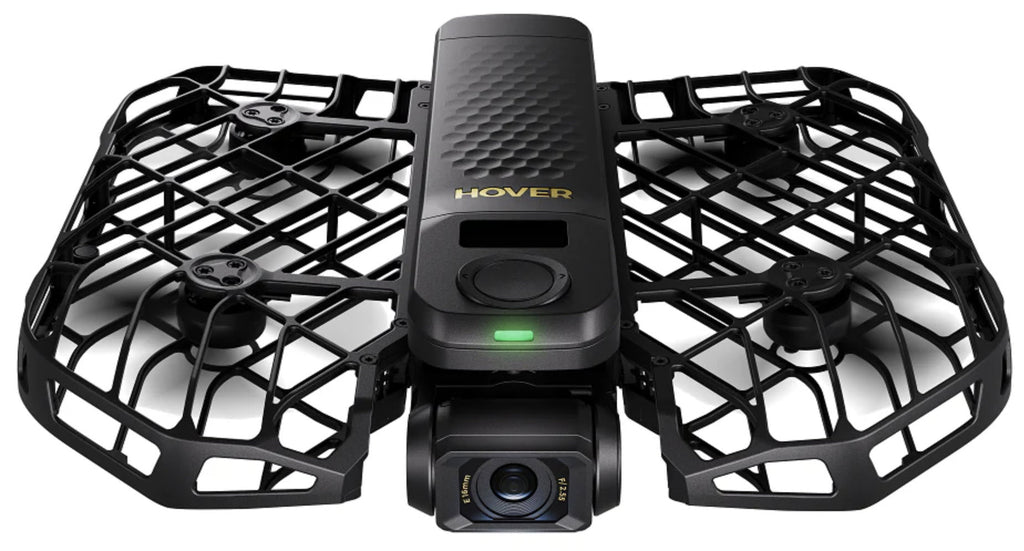 Hover camera drone with protective propeller guards and front-facing lens