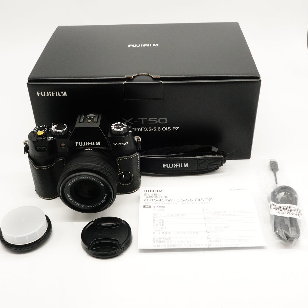 Pre-Owned Fujifilm X-T50 Black + XC 15-45mm f/3.5-6.3 Lens With Box, Strap, Leather Half Case, Body Cap, F&R Lens Caps SN: 5C061350 (Second Hand)
