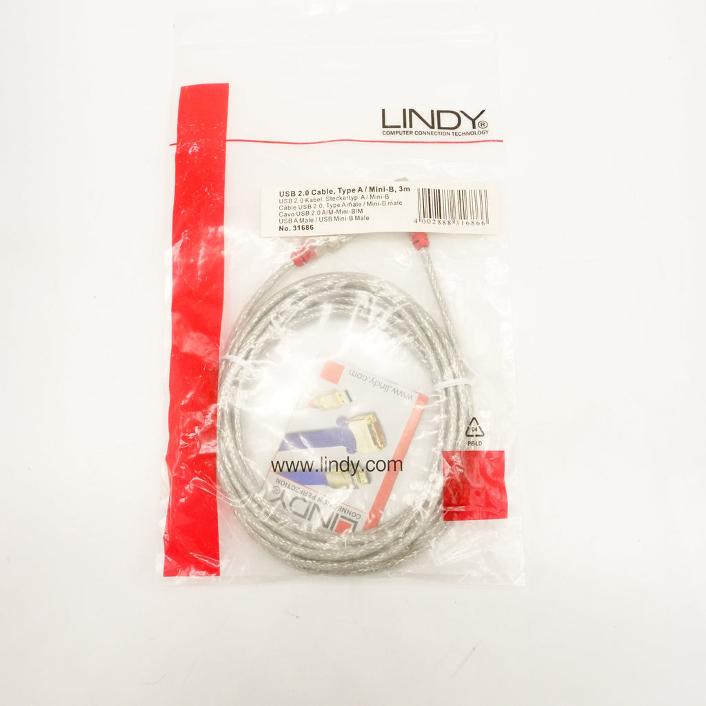 Pre-Owned Lindy USB 2.0 Cable - Type A > Mini-B 3M #31686 With Branded Bag (Second Hand)