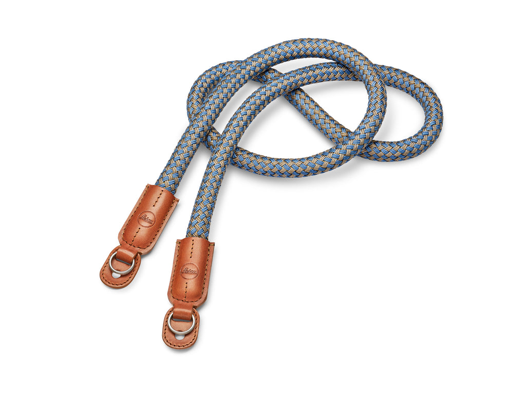 Leica Carrying Strap, Round Braided Rayon & Leather, Cognac & Denim Blue