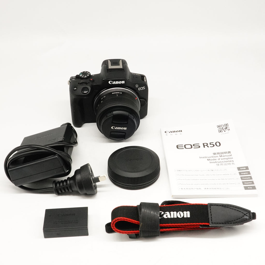 Pre-Owned Canon EOS R50 With RF-S 18-45mm f/4.5-6.3 IS STM Lens, Caps, Strap, Battery, Charger, Manual SN: 278070003307/4942025748 (Second Hand)