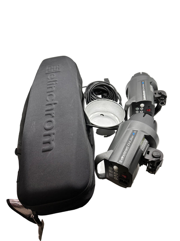 Elinchrom flash unit attached to a camera on a white background