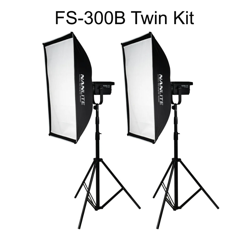 Nanlite FS-300B Twin 5600K Bi- Colour LED Kit - 2x FS300B, 2x Softbox, 2x Stands, Case