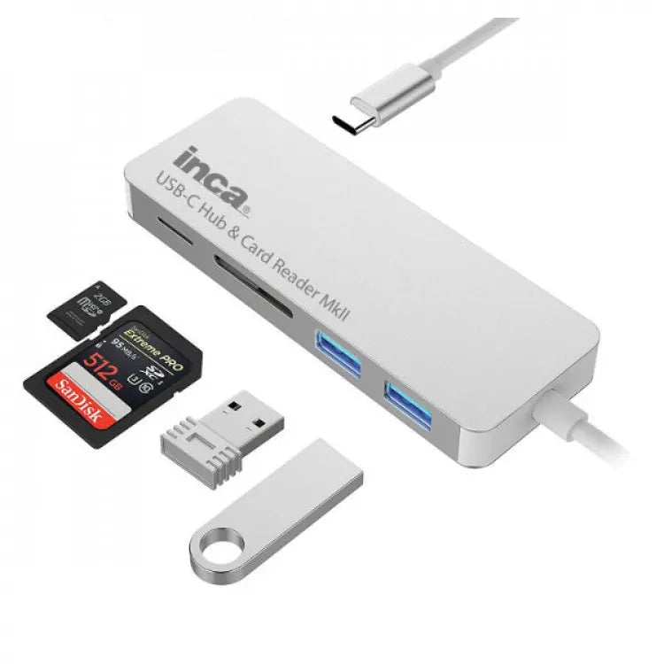 Inca USB-C 3.1 Mk2 Reader - mSDSD SD and MicroSD 2 x USB 3.0 ports USB-C Data and Charge