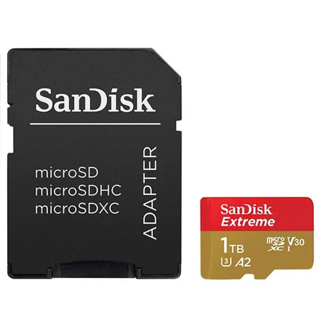SanDisk Extreme microSDXC, SQXA1 1TB V30 U3 C10 A2 UHS-I (160MB/s R, 90MB/s W) 4x6 SD Adaptor Lifetime Limited