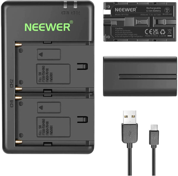 Neewer NP-F550 Battery Charger Set for Sony (2-Pack Battery, Dual Slot Charger)