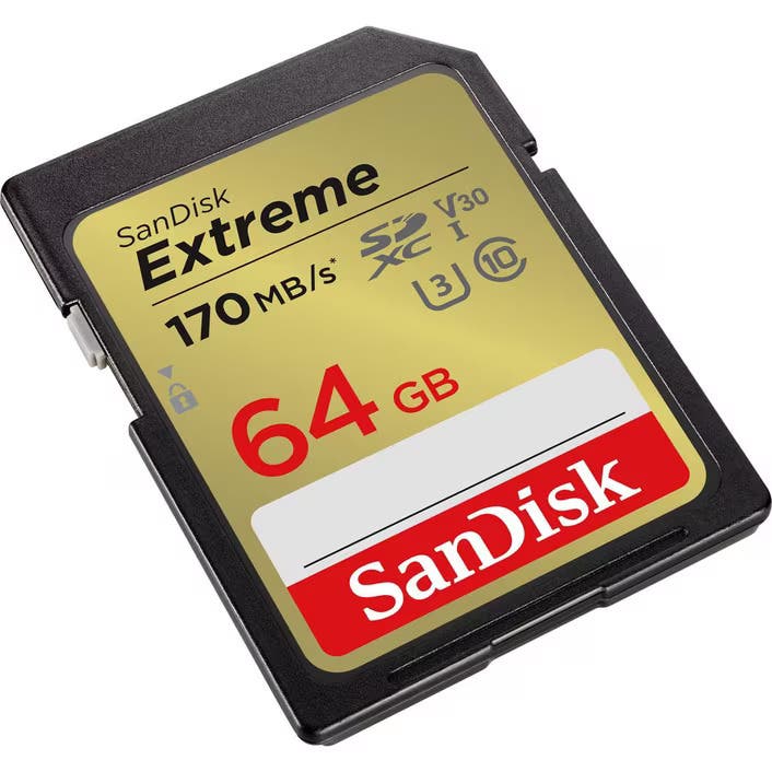 SanDisk Extreme SDXC 64GB 170MB/S R, 80MB/S W, V30, U3, C10 Memory Card.