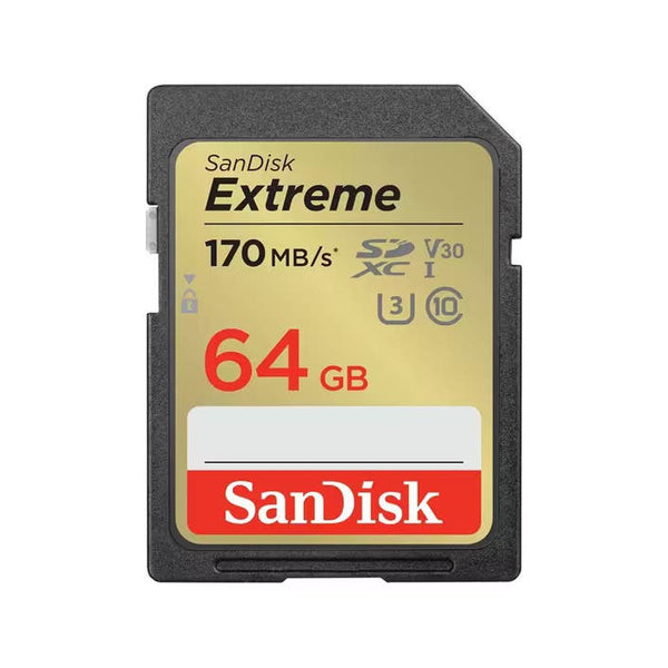 SanDisk Extreme SDXC 64GB 170MB/S R, 80MB/S W, V30, U3, C10 Memory Card.