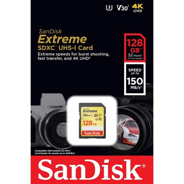 SanDisk Extreme SDHC UHS-I V30, U3, C10 Memory Card 128GB 180MB/s 90MB/s Write